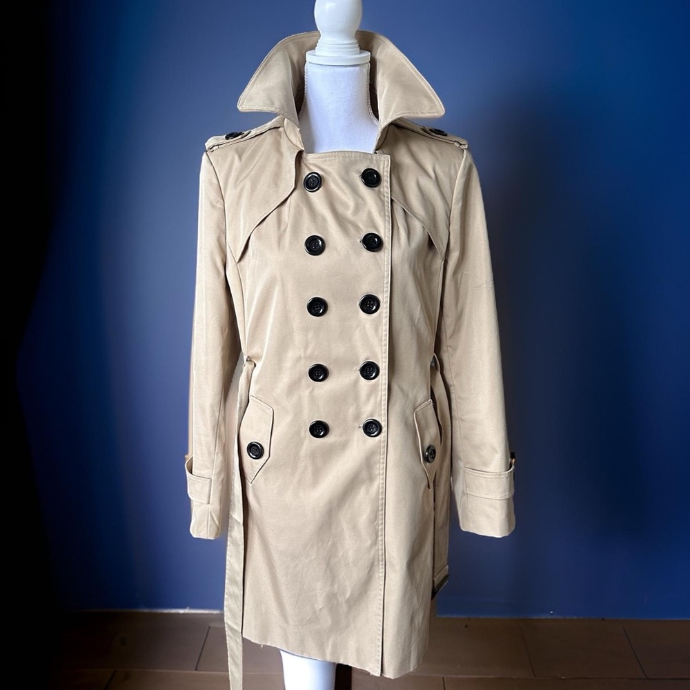 🧥 Farvalue Beige Trenchcoat, large, double breasted, buttons, knee length, belt - Picture 5 of 16